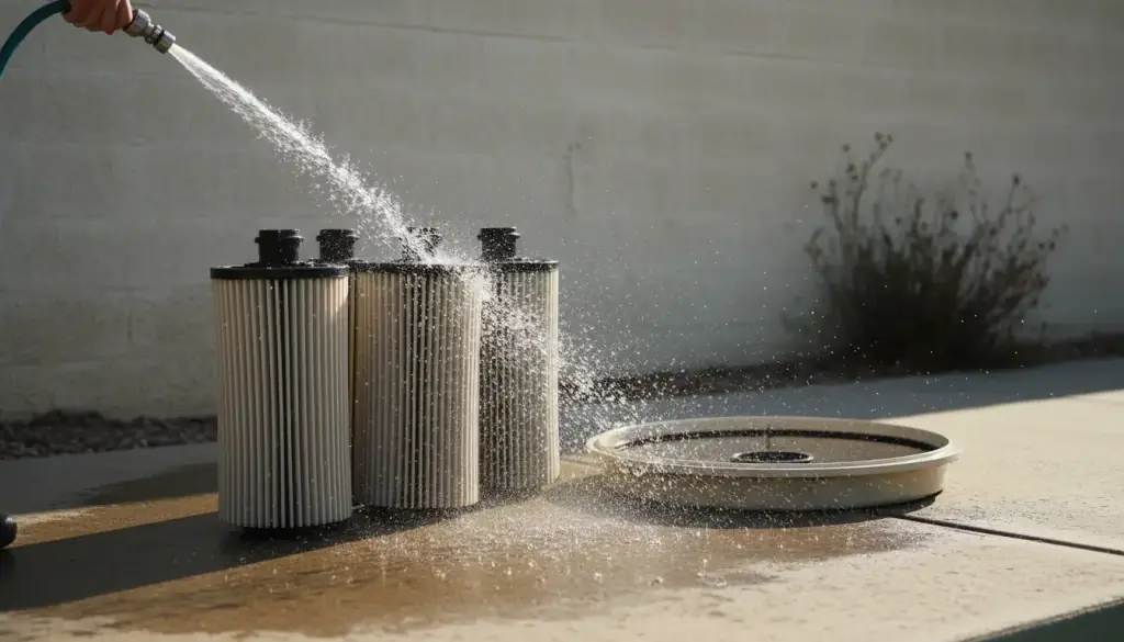 Pleated filter cartridges being hosed off on a pool deck