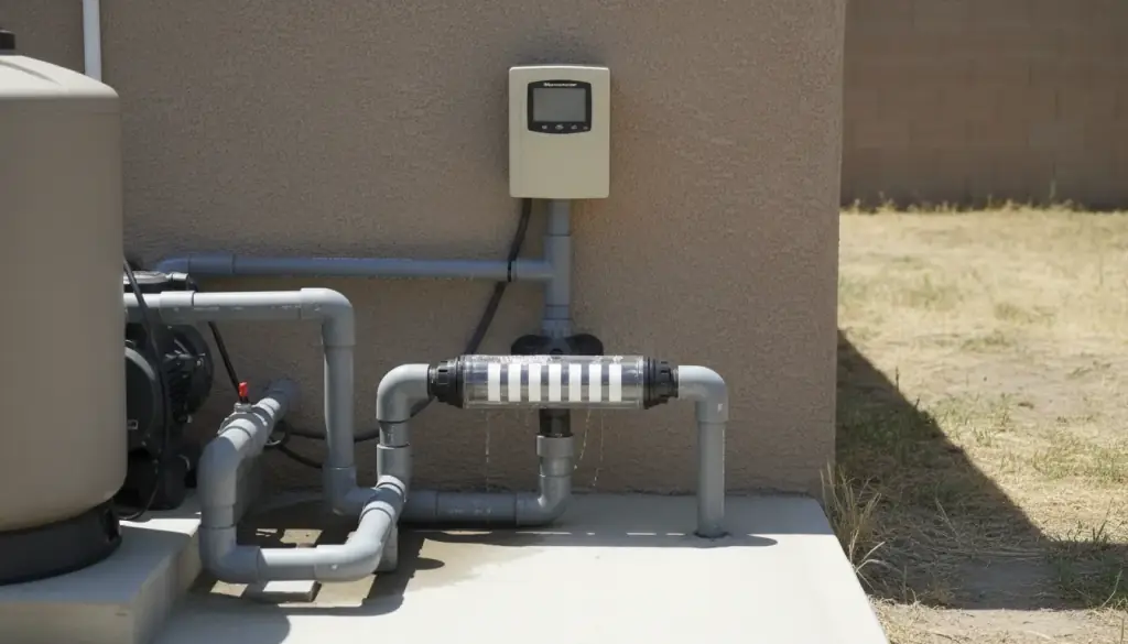 Salt chlorine cell plumbed into grey PVC on an equipment pad