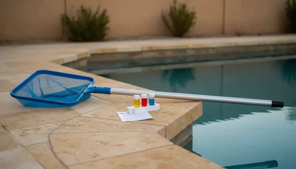 Leaf skimmer on its pole and a test kit on travertine coping